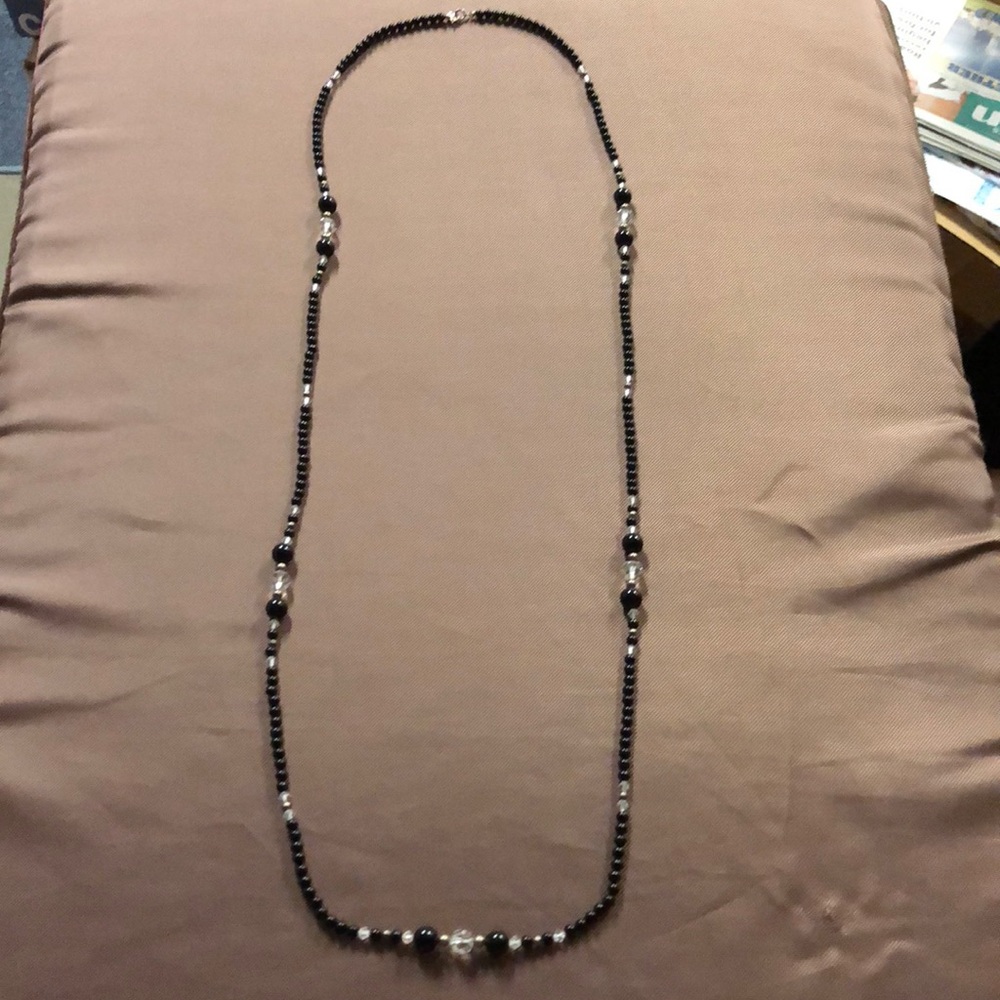 Vintage 40 inch onyx/quartz/925 necklace